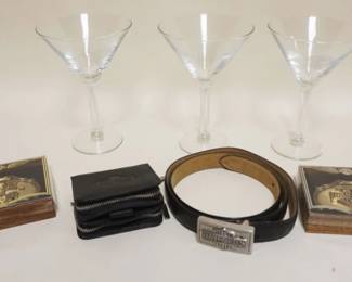 1313	HARLEY DAVIDSON LOT INCLUDING MARTINI GLASSES, BELT BUCKLES & BELT, LEATHER POUCH
