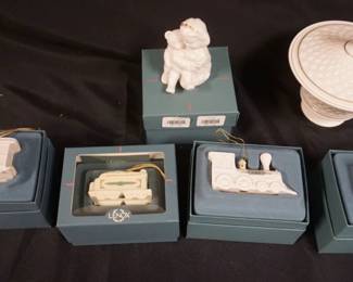 1104A	LOT OF LENOX CHRISTMAS TRAIN DECORATIONS, FIGURINES & COVERED COMPOTE
