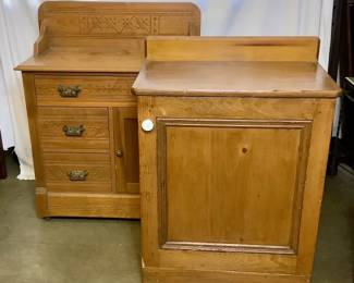 JIFI209 Antique Washstand Duo 1st washstand has some nice handcrafted design. Has the original wheels. Has 3 drawers and a cabinet door. Does have some stains and wear appropriate for age. Also has the dovetail markings as well. 2nd washstand has 1 cabinet door which looks like it used to have a old locking mechanism which looks to be filled in and modified with a door knob. This stand does have wear and scratches with some nick and dings but still in good condition.