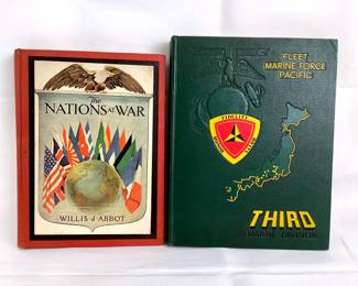 JIFi216 Vintage Military Books Hardcover book called 'The Nations at War' by Willis J Abbot. Does have some lose binding, some discoloration and some bent corners. Looks to be the 1918 edition. Fleet Marine Force Pacific Third Marine Division hardcover book. The story of the 3rd Marine Division in Japan. Bindings seam to be in good condition, pages have a little discoloration.
