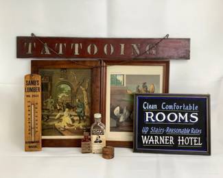 JIFI218 Vintage Decor A small bottle of Mercurochome by Johnson & Johnson, bottle of Sloan's Liniment and a small container of Styptic Powder. A Mr. Matthew Lenox's Glod & silver laced bantams, 1871 plate II. A Jan Steen 'The Poultry Yard' print. A couple of hanging signs and a Sand's Lumber temperature gage.