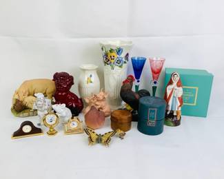 JIFI221 Finer Collectible Knick Knacks A mixture of different items. Antique Tree Lidded jar with original hand cut glass jar inser. Some Bulova miniature clock collectibles. Some Avon pieces. A Bernardaud Les Lithophanies votive light collection, and much more.