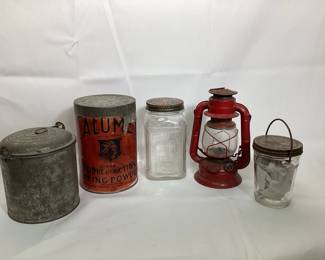 JIFI703 Antique Tin, Vintage Jar More Lot includes: Extra large 5lb Antique Calmet Tin, Vintage Reliance Coffee Jar, Wide Mouth Mason Jar and a H-5 Dietz Lantern from Syracuse N.Y