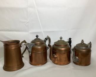 JIFI704 Antique Copper Pots Copper pots include: A Rome Water Pitcher, Rochester Coffee Pot, Sovereign Tea Pot and an unknown.