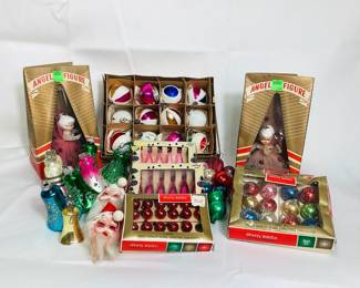JIFI709 Vintage Christmas Tree Ornaments Lot includes: 2 Angels, 2 boxes of Teardrop Icicles, Vintage Poland Mica Glitter and Miniature Ornaments, 2 Santa's, and 8 Bells from West Germany.