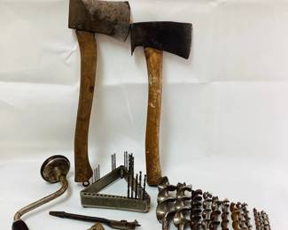 JIFI711 Antique Bit Index Holder, Stanley Hand Drill More Lot includes: Rockford Greenlee Auger Drill bits, as well as Axes and more.