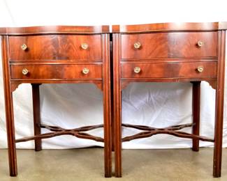 JIFI902 John Widdicomb Vintage Nightstand Pair 2 drawer mahogany nightstand pair designed by Ralp H. Widdicomb of John Widdicomb Co., Grand Rapids MI. Measure approximately 20.25' wide x 29' high x 15' deep. Wear/stains/scratches visible in pictures.