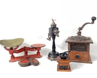 JIFI904 Antique Scale Coffee Pepper Mills Red antique balance scale with 2 weights - 8oz & 1lb. Cottage Coffee Mill - wood & metal. Vintage Brevetto of Italy musical salt or pepper grinder with boars head and pheasant decoration. Mini wood & metal grinder.