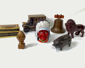 JIFI908 Antique Coin Banks More Antique 1902 metal piggy bank, antique metal lion bank, antique Liberty bell bank, The Citizens State Bank - Arlington WA, English made coin box with handles lid, vintage 1974 Banthrico Co Inc., Chicago Ford, vintage ceramic Native American headdress coin bank