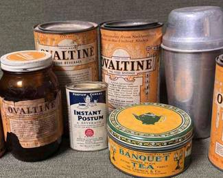 Ovaltine Cans Shaker, Postum Cereal  Banquet Tea Tins