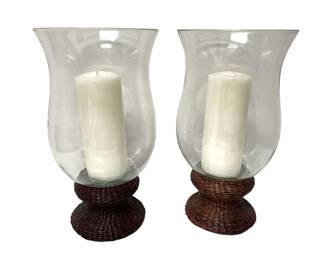 Rattan and Hurricane Glass Candle Holders

