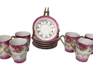 Set of Six Hand Painted Teacups and Saucers
