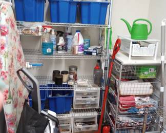 Carpet cleaner, household cleaning items and shelving 