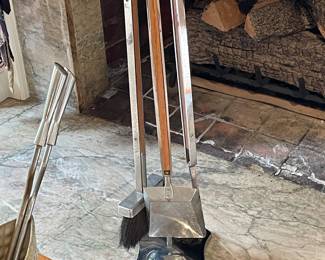 MCM modernist chrome and teak fireplace set