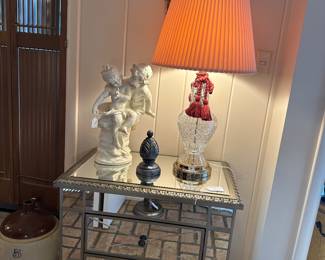 2 of 2 Mirrored Chest/Side Tables, 2 of 2 Vintage Table Lamps, Decorative Statue