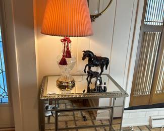 1 of 2 Mirrored Chest/Side Tables, 1 of 2 Matching Vintage Table lamps, Horse Decor