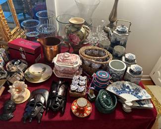 Decorative covered dishes, vases, masks, misc.