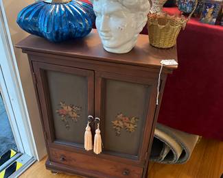 Side Table with 2 Doors and 1 Drawer, Porcelain Head of David, Vintage Glass Decor
