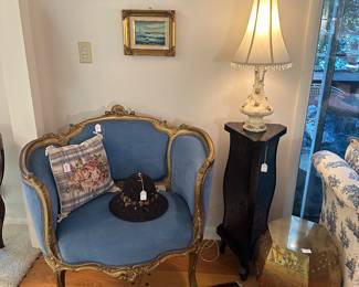 Gilt Frame Settee, triangular plant or lamp stand, coordinating trio of beach paintings