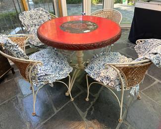 Chinese Red Top Table with Iron Base and 4 Carved Iron Chairs