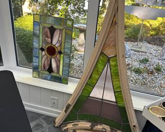 Rose Window Fragment in Wood Frame, Stained Glass Decor