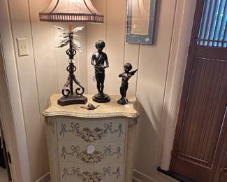Painted Chest of Drawers, Lovely Table Lamp, Cast Metal Boy with Shell, Bronzed Finish, Cast Metal Cupid with Violin