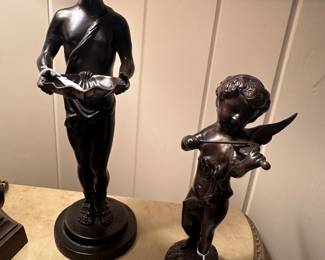 Cast Metal Boy with Shell, Bronzed Finish, Cast Metal Cupid with Violin