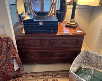 John Widdicomb 2 Drawer Chest in Cherry Finish, Triple oval mirror, Vintage Jewelry box, Table lamp