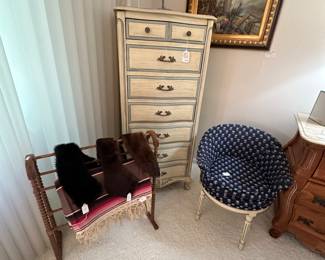 Lingerie Chest by White Fine Furniture, Round Vintage Chair, Quilt/Blanket Rack