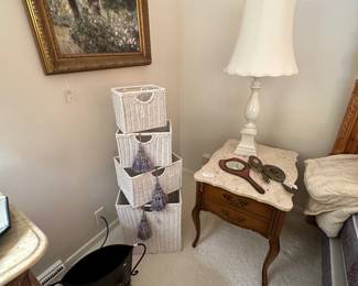 French Provincial Marble Top Stand with One Drawer, Decorative Baskets, Table Lamp