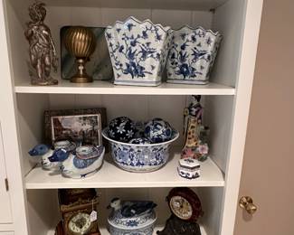 Vtg. Blue and White Hand Painted Vase/Planter, Statues and Decor