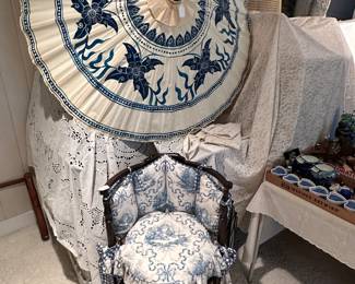 Oriental Umbrella, Antique Corner Chair with Pillows