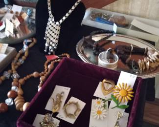 Costume jewelry pins, necklaces.