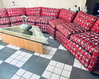 Custom sectional sofa w/ custom modern glass top triangle shape table