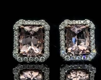 4.33 Natural Morganite & Diamond Cluster Halo Stud Earrings in 14k White Gold