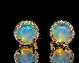 Oval Cabochon Natural Opal & Diamond Round Halo Stud Earrings in 14k Yellow Gold