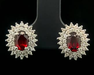 Natural Ruby & Diamond Cluster Halo Stud Earrings in 14k White Gold w/ Screw Backs