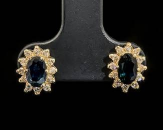 6-Prong Vintage Style Natural Blue Sapphire & Diamond Oval Halo Cluster Stud Earrings in 14k Yellow Gold
