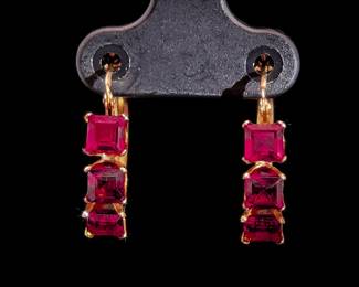 Asscher Natural Garnet 3-Stone Round Hoop Earrings in 14k Yellow Gold