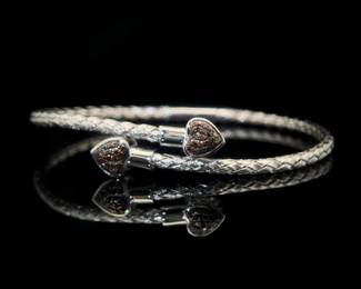 Fancy Chocolate Brown Diamond Textured Weave Coiled Bangle Bracelet w/ Hearts
