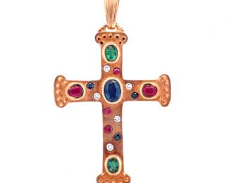 An Estate Treasure! Fancy Multi-Color Natural Precious Gemstone Cross Pendant in 14k Yellow Gold - Very Fine Emerald, Blue Sapphire, Ruby
