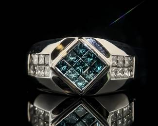 Men's Fancy Blue & White Diamond Princess Cut Geometric Square Modern Ring in 18k White Gold