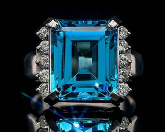 Large & Vibrant London Blue Topaz Emerald Cut & Diamond Ring in Platinum