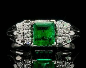 Natural Emerald Solitaire & Diamond Cluster Art Deco Style Ring in 900 Platinum