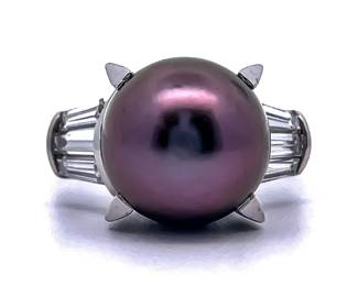 Natural Black Aubergine Tahitian Pearl & Diamond Baguette Channel Ring in Platinum 900