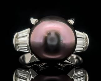 Natural Black Aubergine Tahitian Pearl & Diamond Baguette Channel Ring in Platinum 900