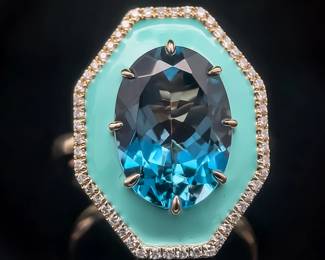 Designer EFFY Natural Blue Topaz & Enamel Geometric Ring in 14k Yellow Gold