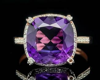 Checkerboard Cushion Natural Amethyst & Diamond Hidden Halo Ring in 14k Rose Gold