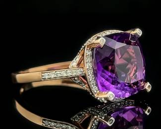 Checkerboard Cushion Natural Amethyst & Diamond Hidden Halo Ring in 14k Rose Gold