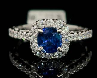 1.50ct Natural Blue Sapphire & Diamond Square Halo Cathedral Filigree Engagement Ring in 14k White Gold w/ Original Tag Attached!